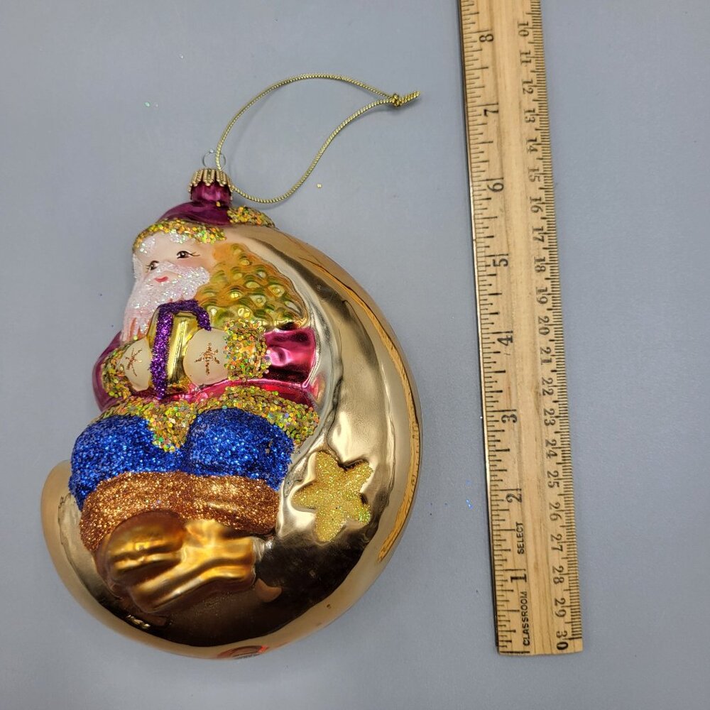 Vintage Hand Blown Glass Christmas Ornament Santa Claus On Moon Holiday Decor - Picture 7 of 7
